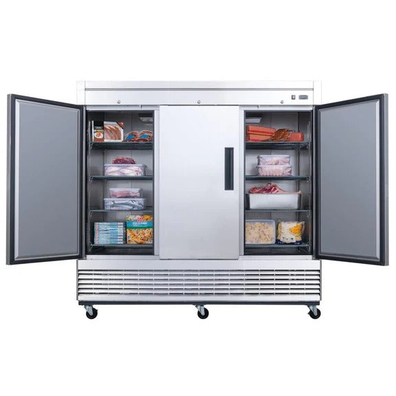 Dukers D83R 83" Three Solid Door Bottom Mount Reach-In Refrigerator 64.8 Cu. Ft.