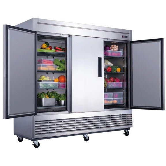 Dukers D83R 83" Three Solid Door Bottom Mount Reach-In Refrigerator 64.8 Cu. Ft.
