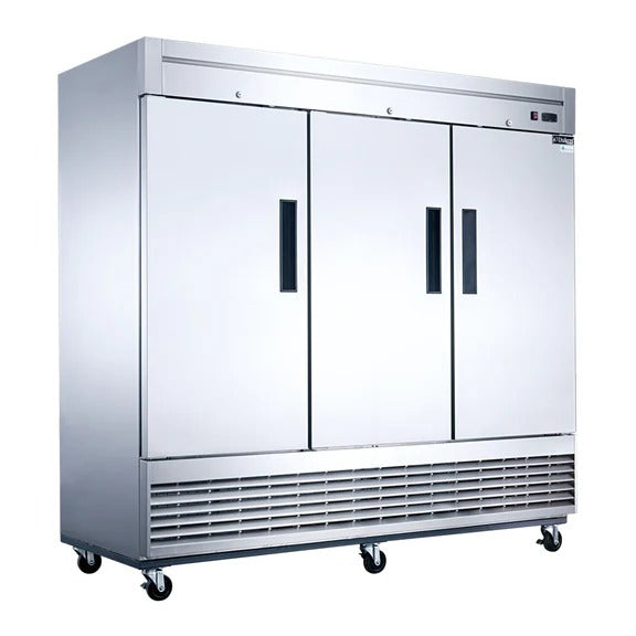 Dukers D83R 83" Three Solid Door Bottom Mount Reach-In Refrigerator 64.8 Cu. Ft.