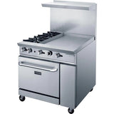 Dukers DCR36-2B24GM 36" Gas Restaurant Range with (2) Open Burners 24" Griddle (1) Standard Oven 157,000 BTU