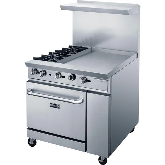 Dukers DCR36-2B24GM 36" Gas Restaurant Range with (2) Open Burners 24" Griddle (1) Standard Oven 157,000 BTU