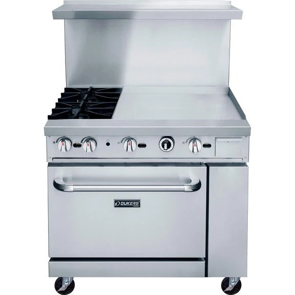 Dukers DCR36-2B24GM 36" Gas Restaurant Range with (2) Open Burners 24" Griddle (1) Standard Oven 157,000 BTU