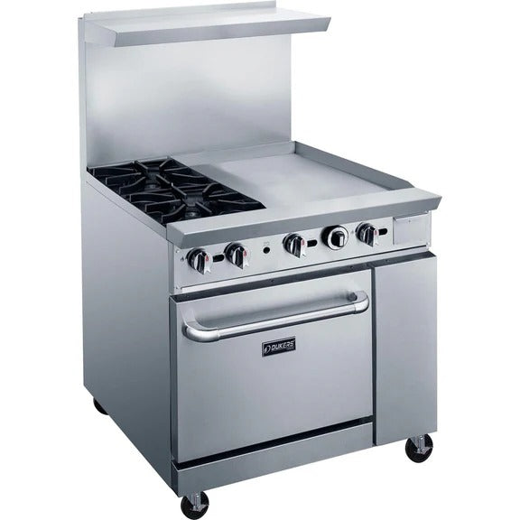 Dukers DCR36-2B24GM 36" Gas Restaurant Range with (2) Open Burners 24" Griddle (1) Standard Oven 157,000 BTU
