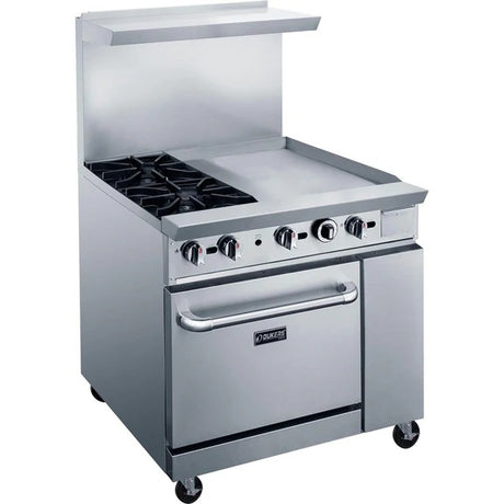 Dukers DCR36-2B24GM 36" Gas Restaurant Range with (2) Open Burners 24" Griddle (1) Standard Oven 157,000 BTU