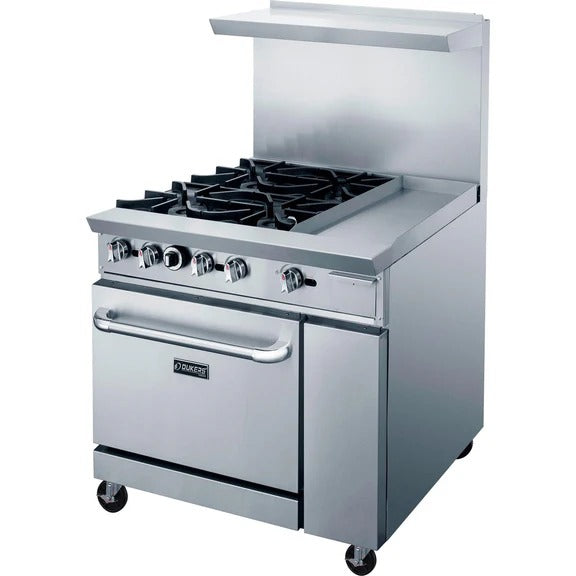 Dukers DCR36-4B12GM 36" Gas Restaurant Range with (4) Open Burners 12" Griddle (1) Standard Oven 195,000 BTU