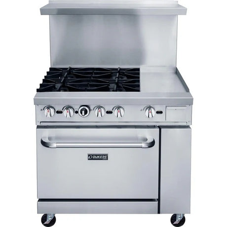 Dukers DCR36-4B12GM 36" Gas Restaurant Range with (4) Open Burners 12" Griddle (1) Standard Oven 195,000 BTU