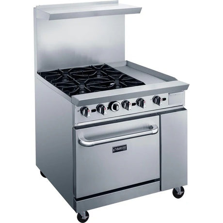 Dukers DCR36-4B12GM 36" Gas Restaurant Range with (4) Open Burners 12" Griddle (1) Standard Oven 195,000 BTU