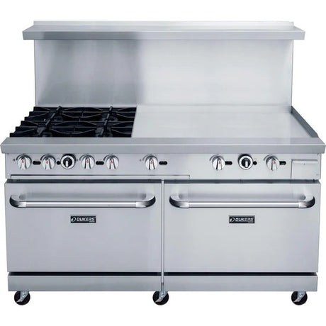 Dukers DCR60-4B36GM 60" Gas Restaurant Range with (4) Burners 36" Griddle (2) Standard Ovens 286,000 BTU