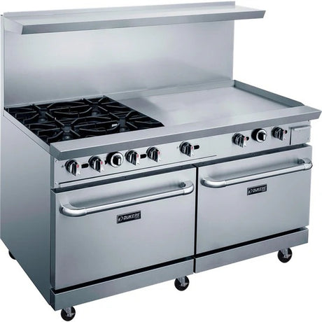 Dukers DCR60-4B36GM 60" Gas Restaurant Range with (4) Burners 36" Griddle (2) Standard Ovens 286,000 BTU