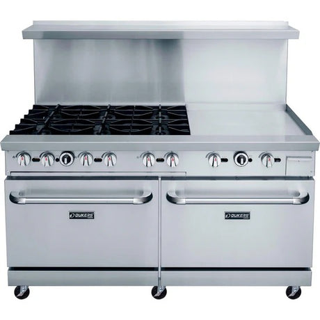 Dukers DCR60-6B24GM 60" Gas Restaurant Range with (6) Open Burners 24" Griddle (2) Standard Ovens 324,000 BTU