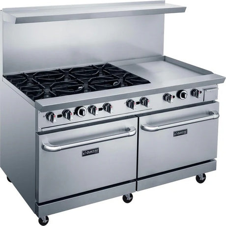 Dukers DCR60-6B24GM 60" Gas Restaurant Range with (6) Open Burners 24" Griddle (2) Standard Ovens 324,000 BTU