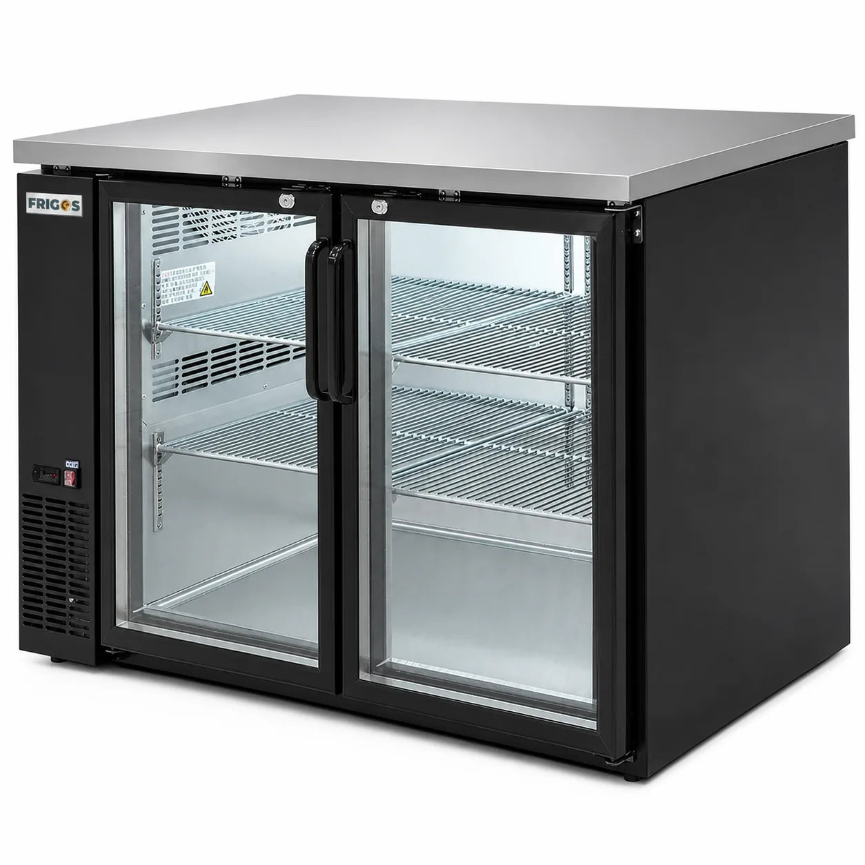 Back Bar Refrigerator 48.75” Width 2 hinged glass doors 11.8 Cu Ft Frigos Premium FGP-BB-48G Stainless Steel Interior and Exterior