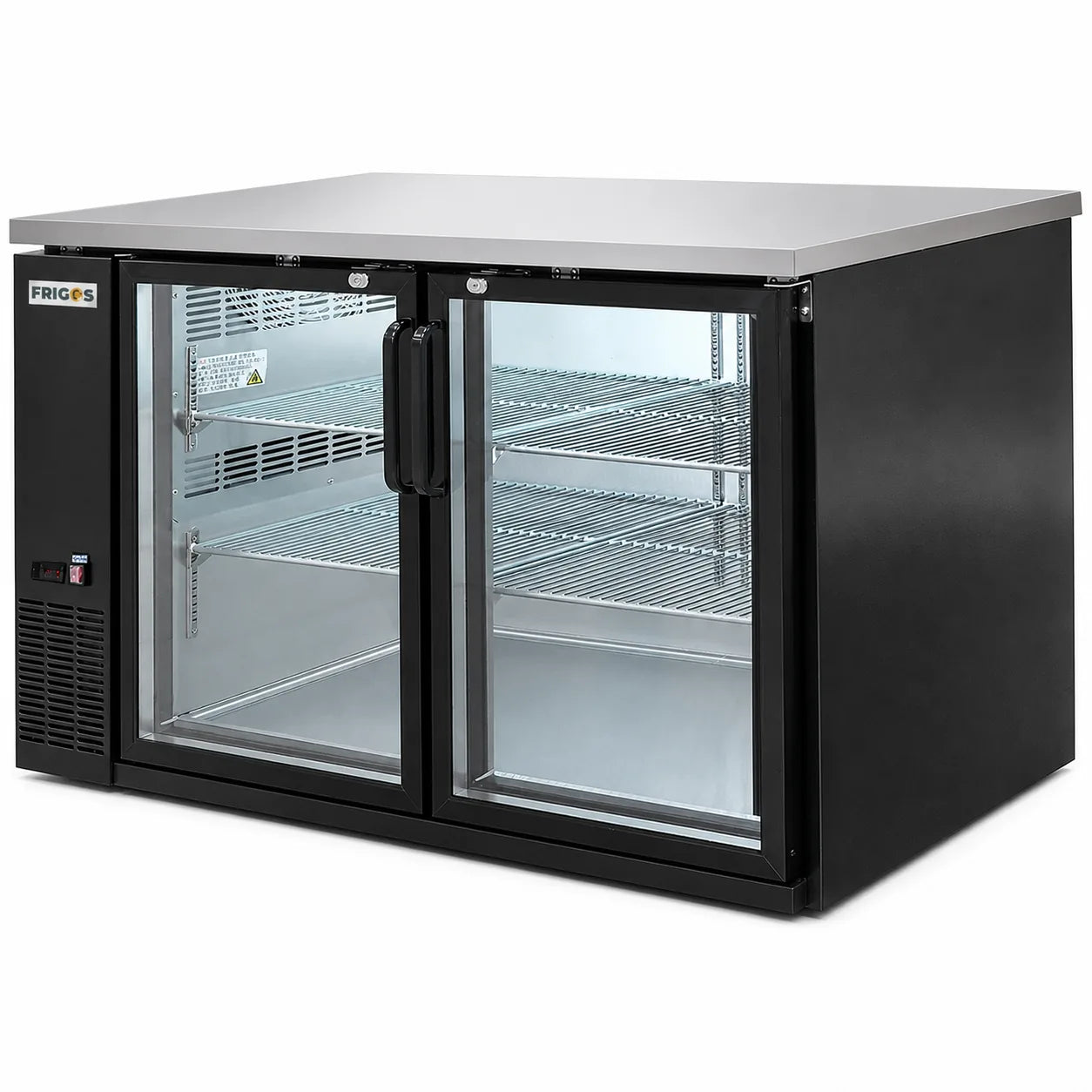Back Bar Refrigerator 60.8” Width 2 Hinged Glass Doors 15.8 Cu Ft Frigos Premium FGP-BB-60G Stainless Steel Interior and Exterior