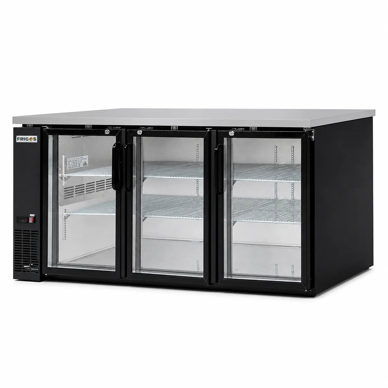 Back Bar Refrigerator 72.8” Width 3 Glass Door – 19.6 Cu Ft Frigos Premium FGP-BB-72G Stainless Steel Interior and Exterior