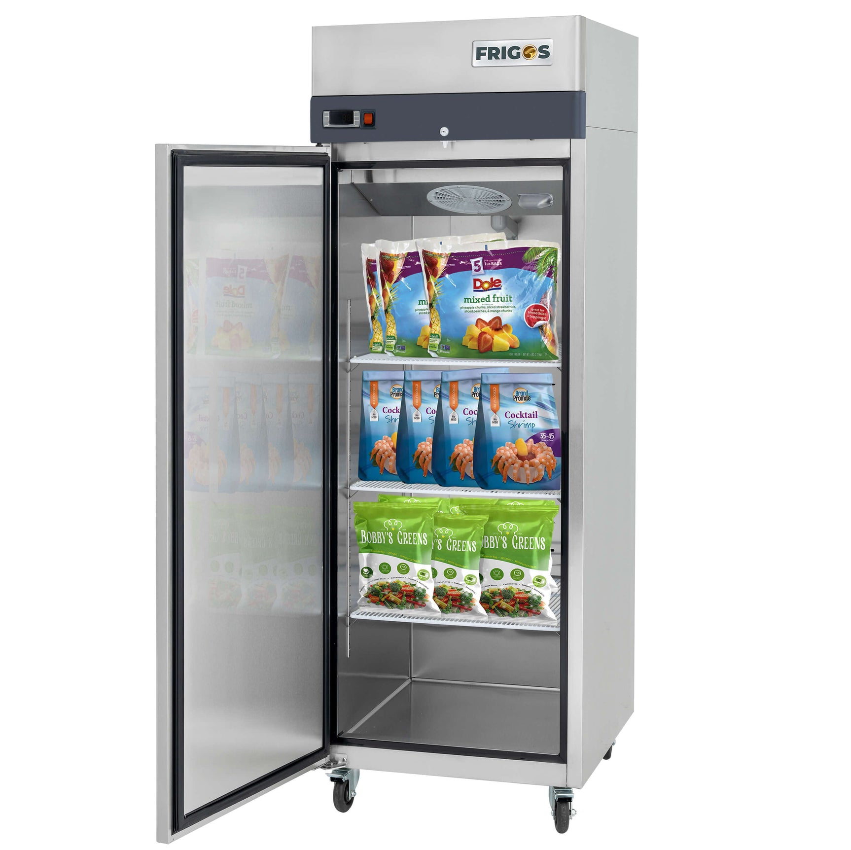 Commercial Reach in Freezer 2 Section Solid Door, 23 Cu Ft Frigos Premium FGP-FZ-1DLH Stainless Steel Interior and Exterior