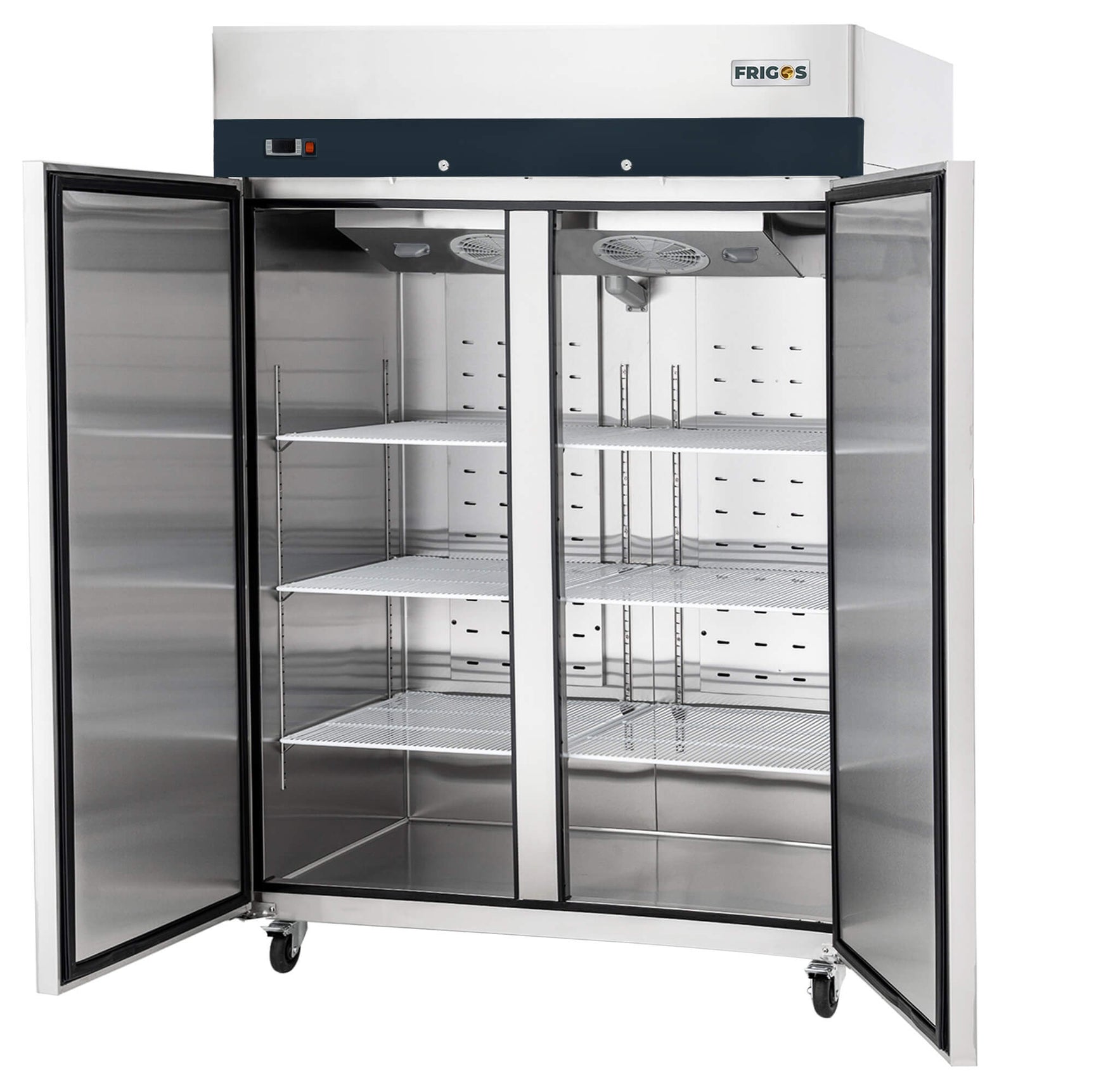 Commercial Reach in Freezer 2 Section Solid Door, 49 Cu Ft Frigos Premium FGP-FZ-2D Stainless Steel Interior and Exterior