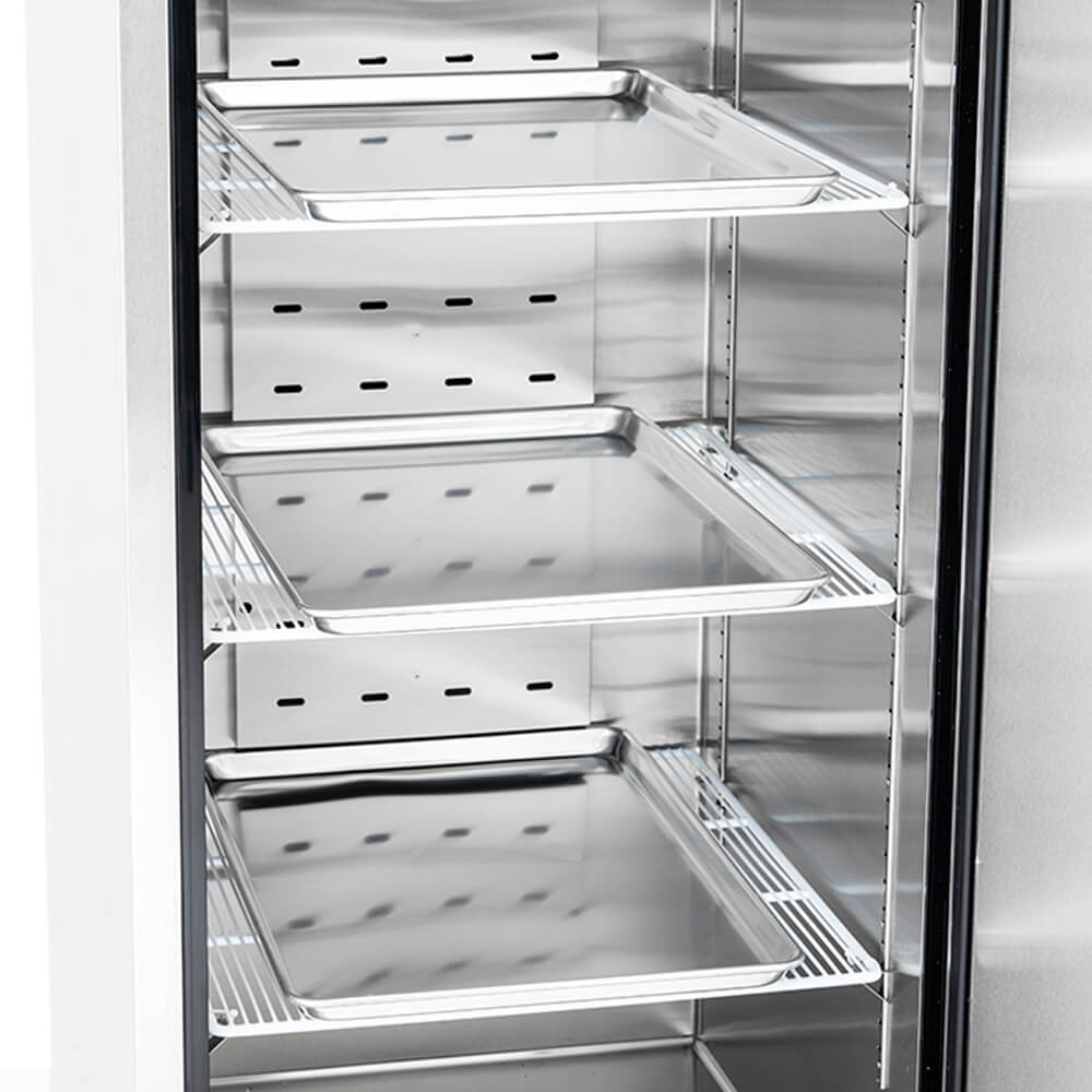 Commercial Reach in Freezer 2 Section Solid Door, 49 Cu Ft Frigos Premium FGP-FZ-2D Stainless Steel Interior and Exterior