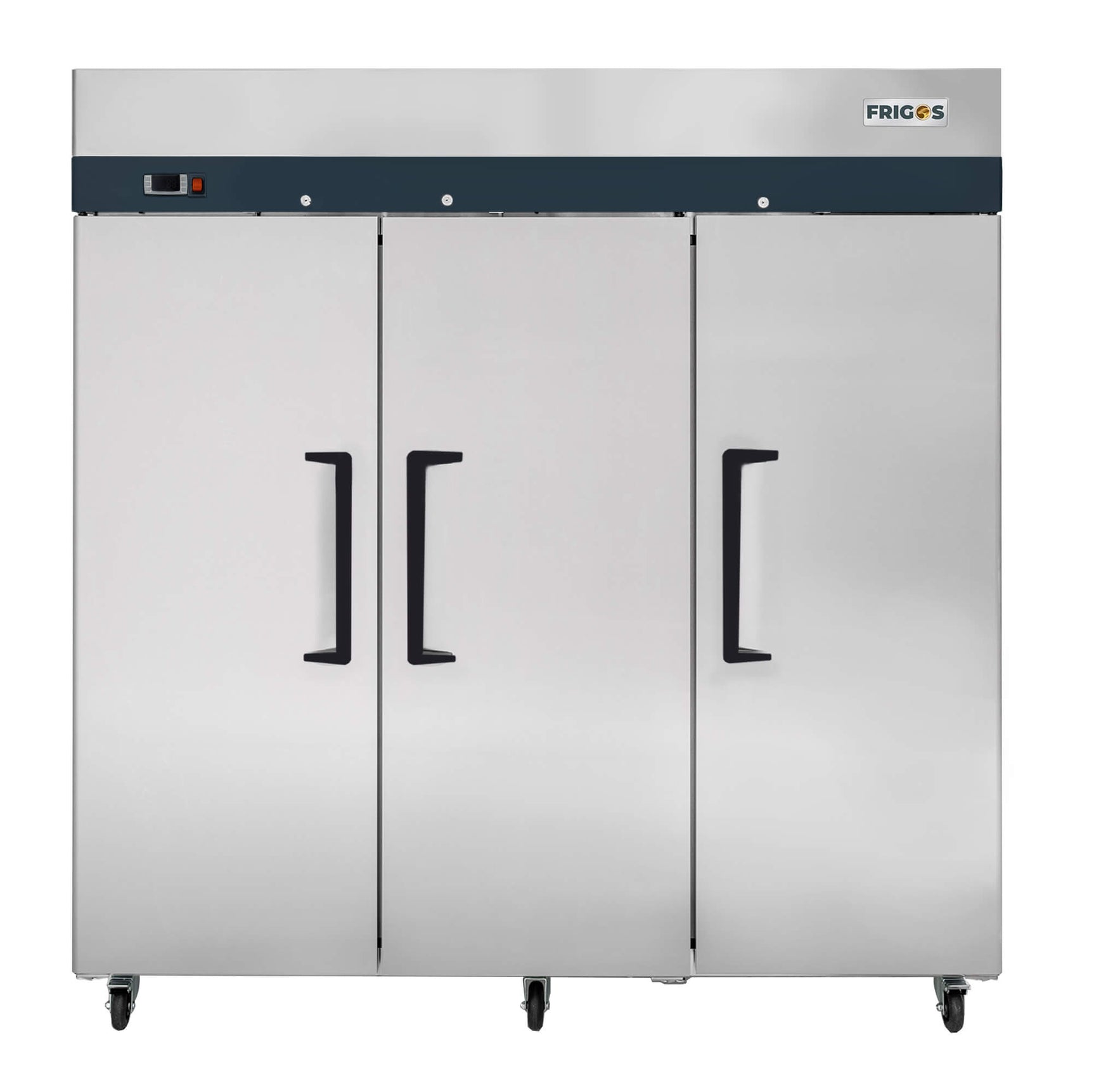 Commercial Reach in Freezer 3 Section Solid Door, 78" Width, 72 Cu Ft Frigos Premium FGP-FZ-3D Stainless Steel Interior and Exterior