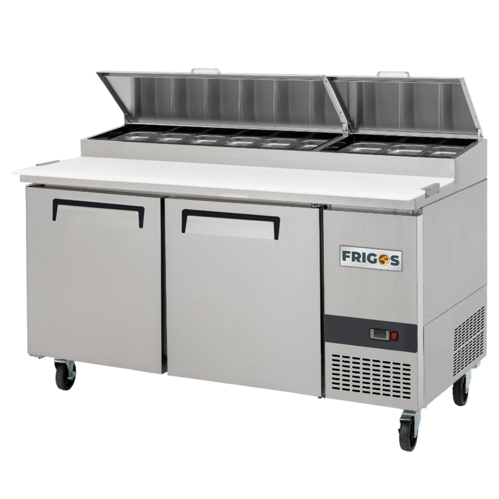 Pizza Prep Table Refrigerator 67" Width, 2 Door Frigos Premium FGP-PZ-2D Stainless Steel Interior and Exterior