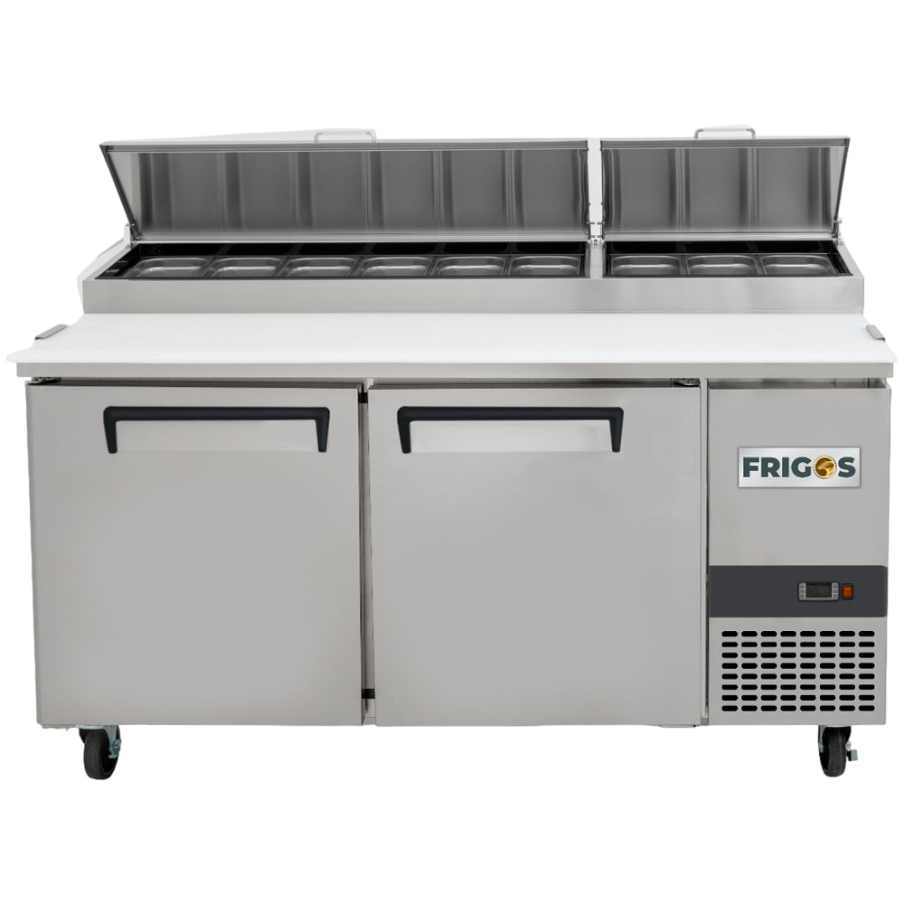 Pizza Prep Table Refrigerator 67" Width, 2 Door Frigos Premium FGP-PZ-2D Stainless Steel Interior and Exterior