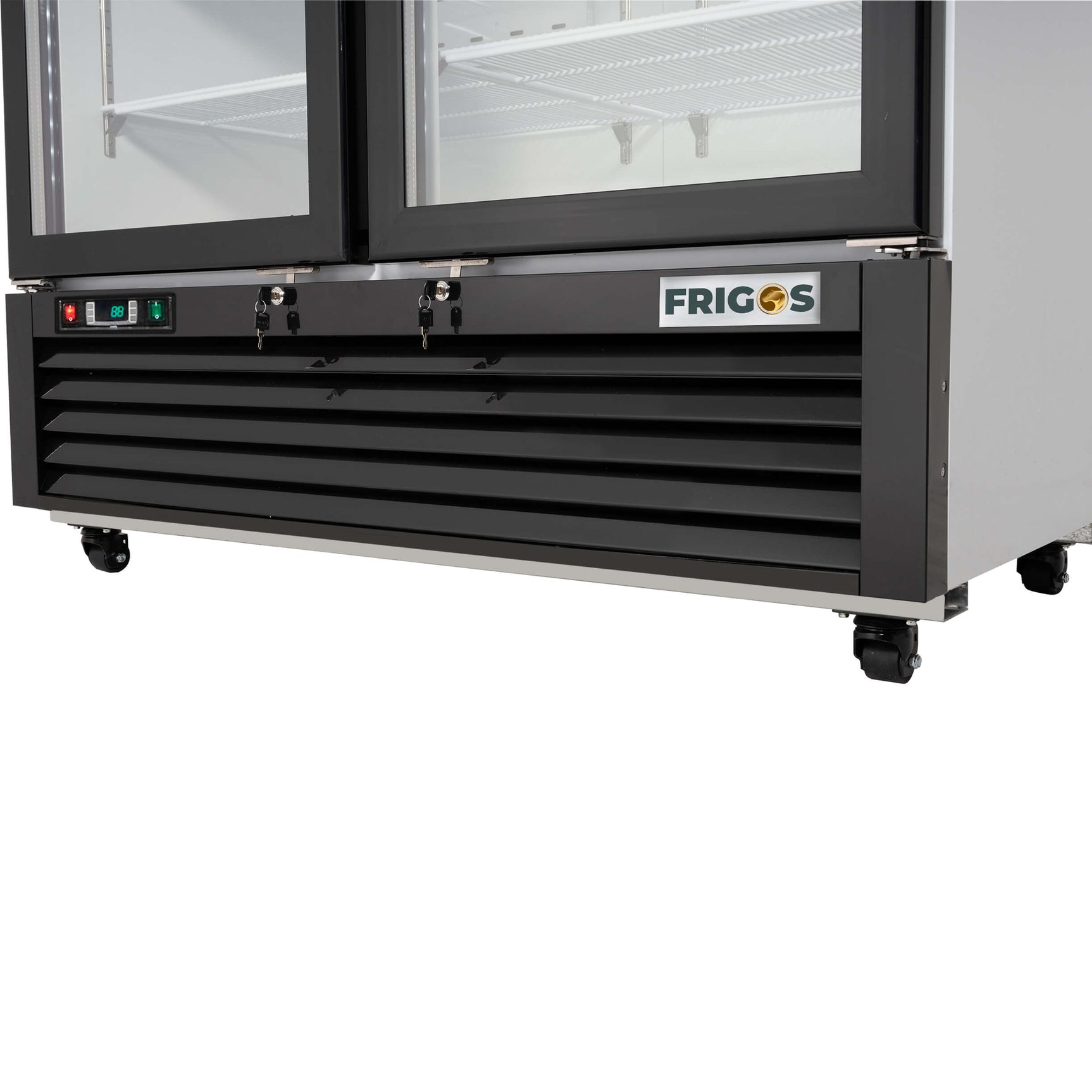 Merchandiser Refrigerator 2 Section Swing Glass Door 54.4" Width, 49 Cu Ft Frigos Premium FGP-RFM-49 Stainless Steel Interior and Exterior