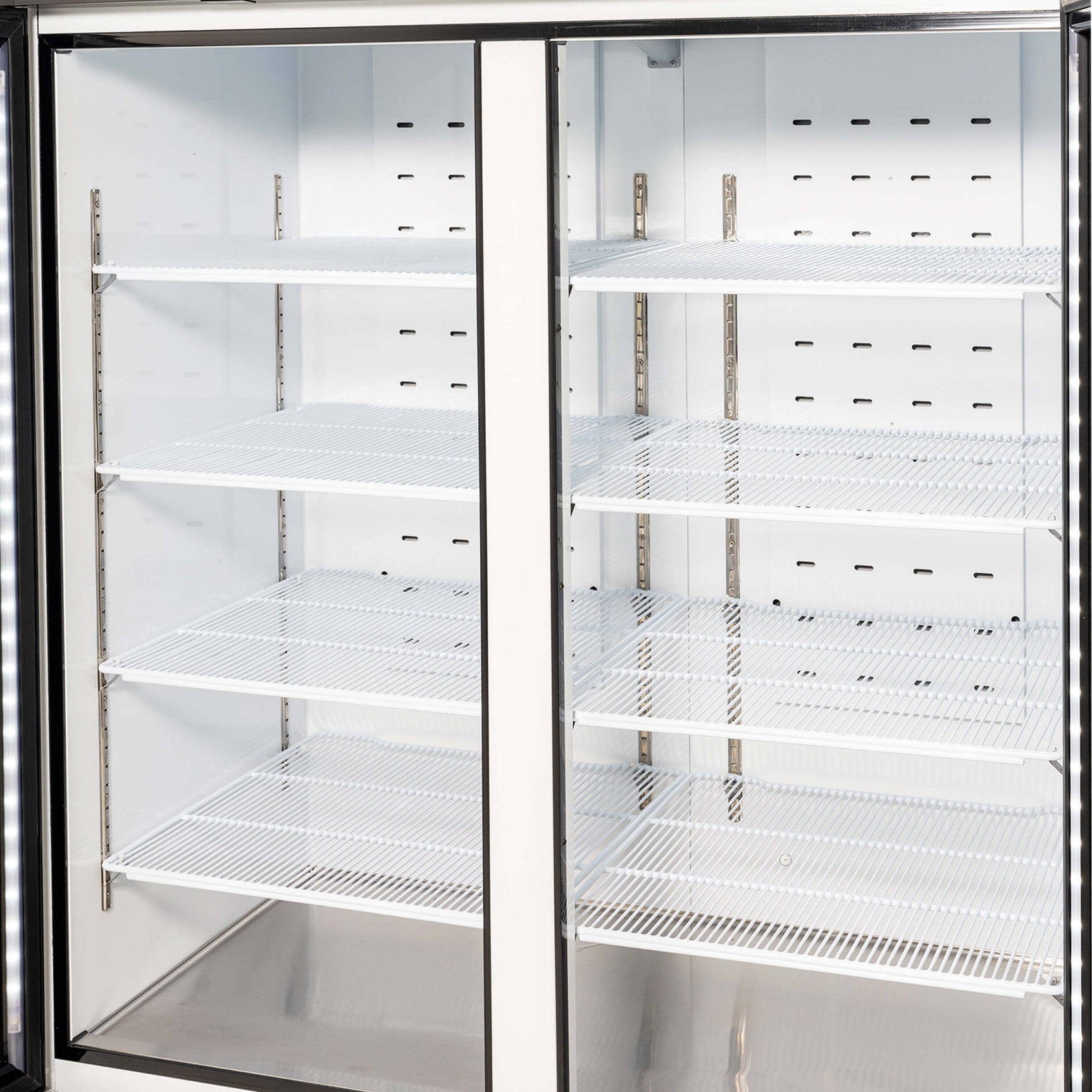 Merchandiser Refrigerator 2 Section Swing Glass Door 54.4" Width, 49 Cu Ft Frigos Premium FGP-RFM-49 Stainless Steel Interior and Exterior