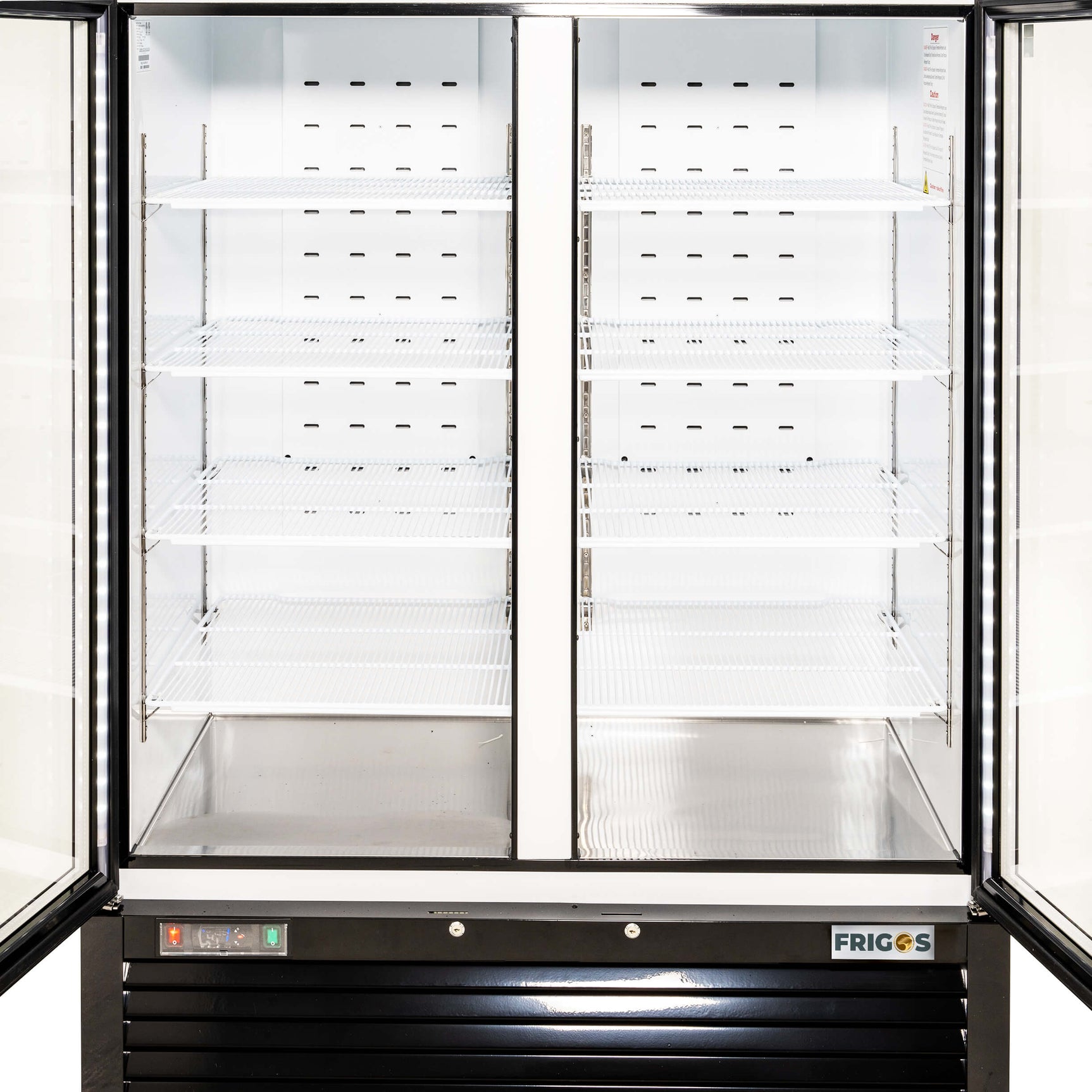 Merchandiser Refrigerator 2 Section Swing Glass Door 54.4" Width, 49 Cu Ft Frigos Premium FGP-RFM-49 Stainless Steel Interior and Exterior