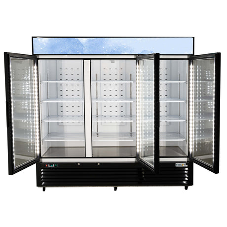 Merchandiser Refrigerator 3 Section Swing Glass Door 82” Width, 72 Cu Ft Frigos Premium FGP-RFM-72 Stainless Steel Interior and Exterior