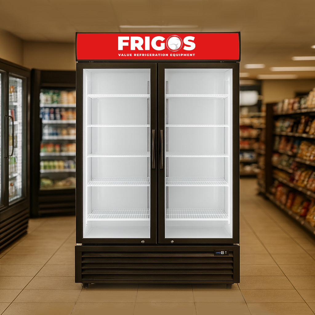 Merchandiser Refrigerator 54"W Swing Glass 2 Door with LED Lighting Frigos Value Series FGV-MR-2D-G, Aluminum Interior and Stainless Steel Floor
