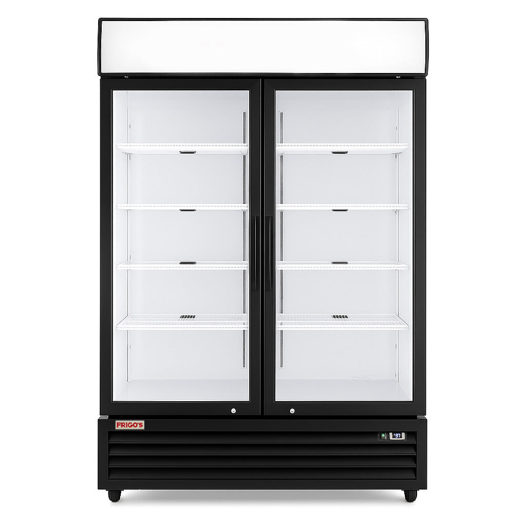 Merchandiser Refrigerator 54"W Swing Glass 2 Door with LED Lighting Frigos Value Series FGV-MR-2D-G, Aluminum Interior and Stainless Steel Floor