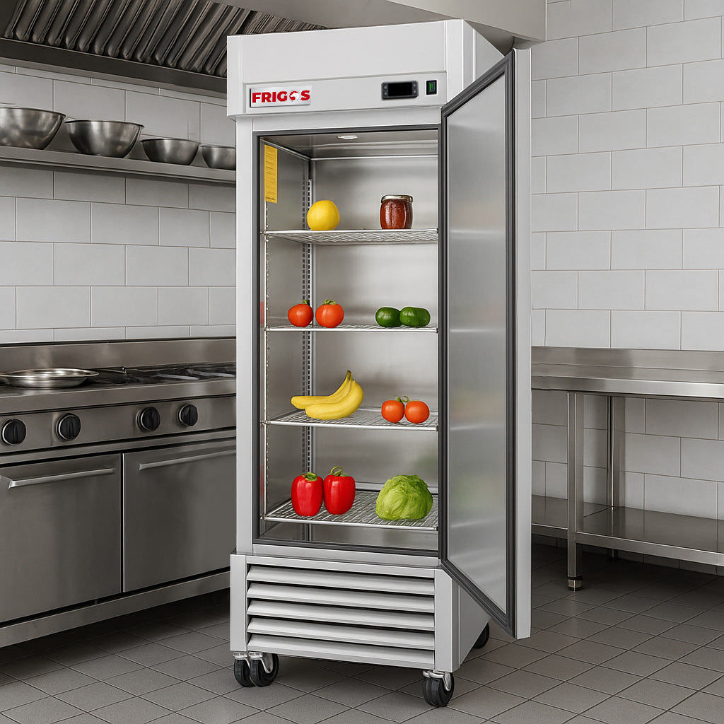 Commercial Reach in Refrigerator 27" Width Solid 1 Door 21 Cu Ft Frigos Value Series FGV-RF-1D with Aluminum Interior with 304 Stainless Steel Floor