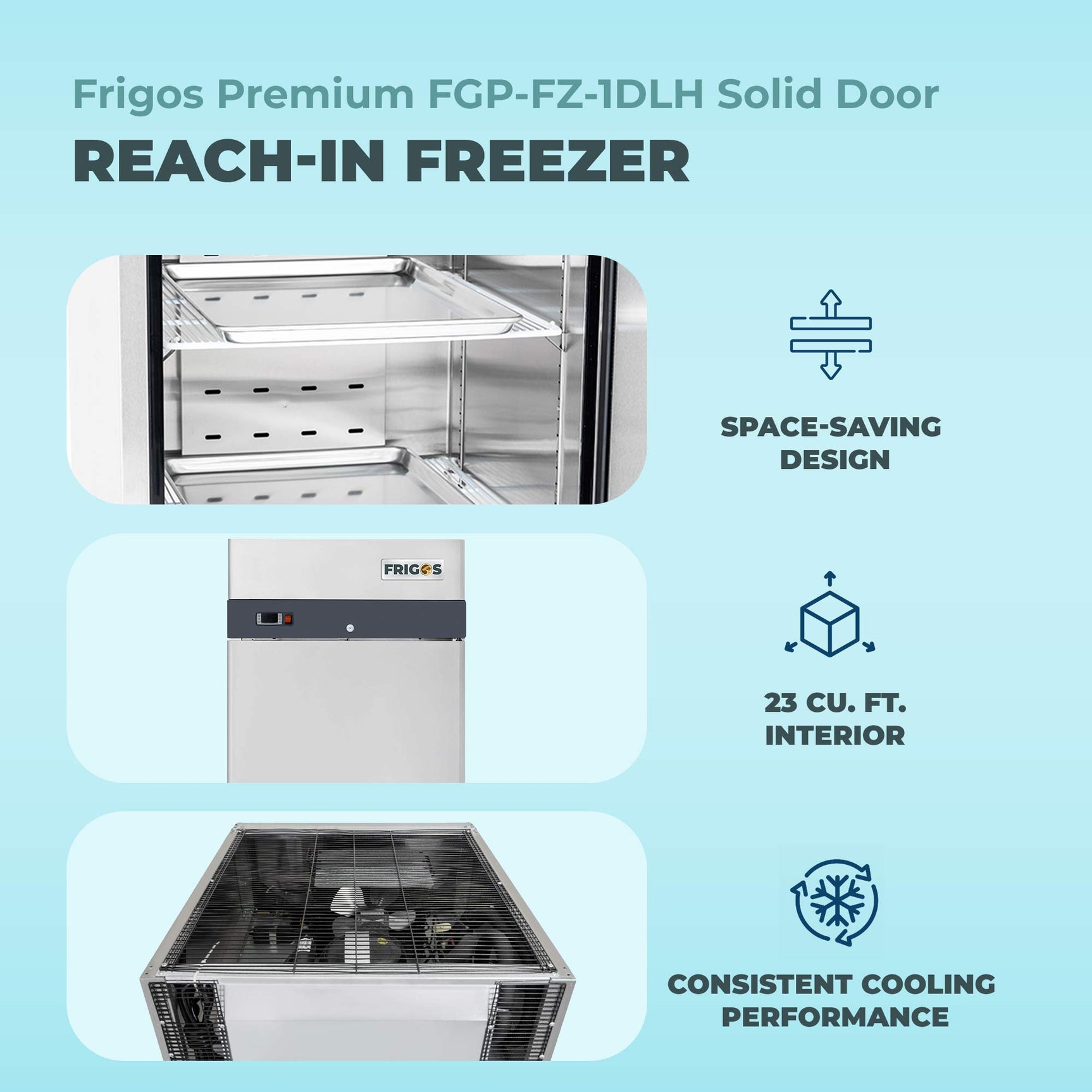Commercial Reach in Freezer 2 Section Solid Door, 23 Cu Ft Frigos Premium FGP-FZ-1DLH Stainless Steel Interior and Exterior