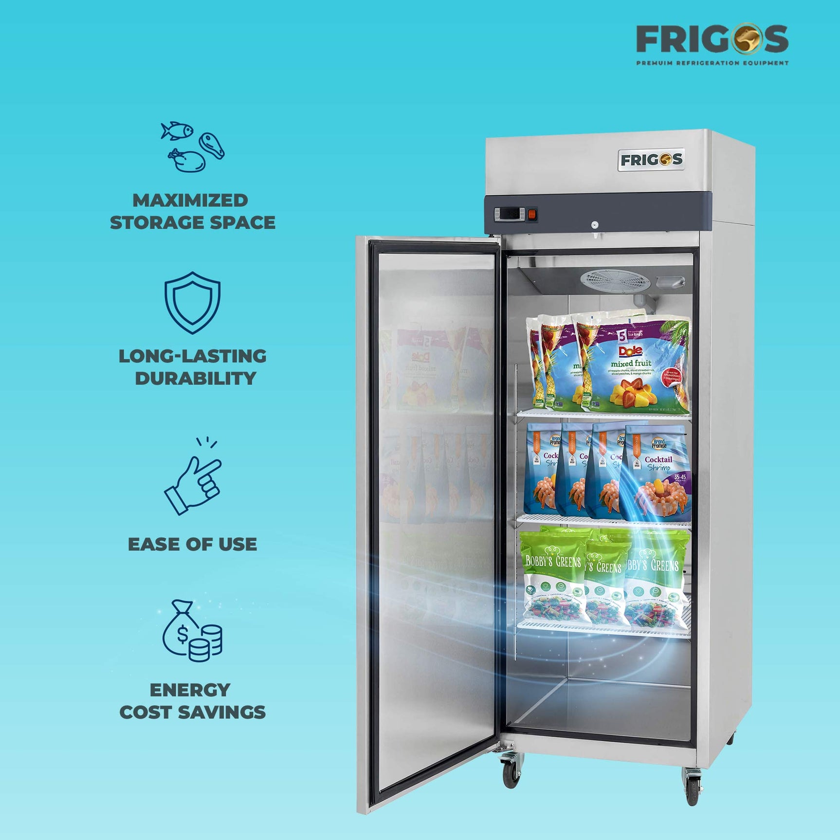 Commercial Reach in Freezer 2 Section Solid Door, 23 Cu Ft Frigos Premium FGP-FZ-1DLH Stainless Steel Interior and Exterior