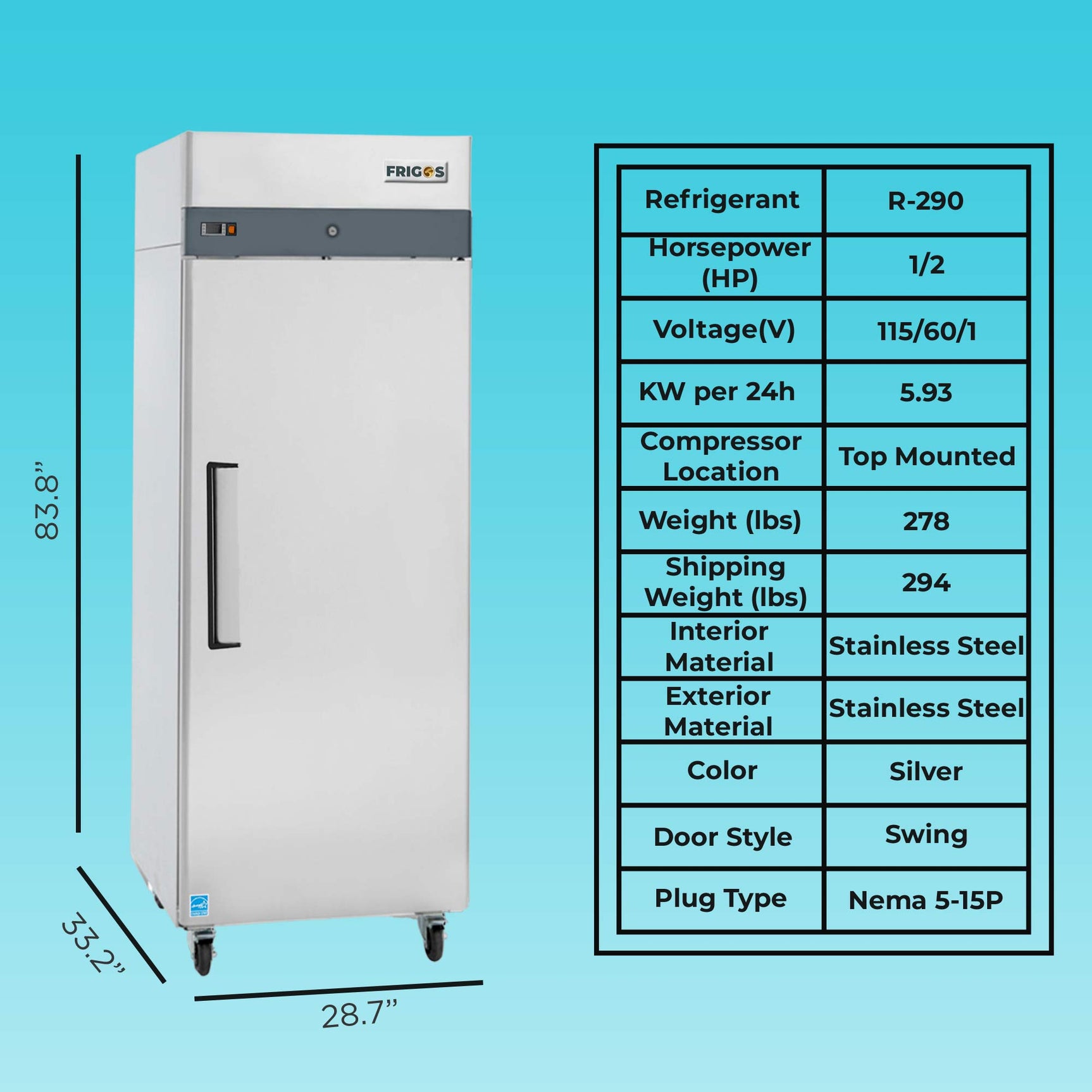 Commercial Reach in Freezer 2 Section Solid Door, 23 Cu Ft Frigos Premium FGP-FZ-1DLH Stainless Steel Interior and Exterior
