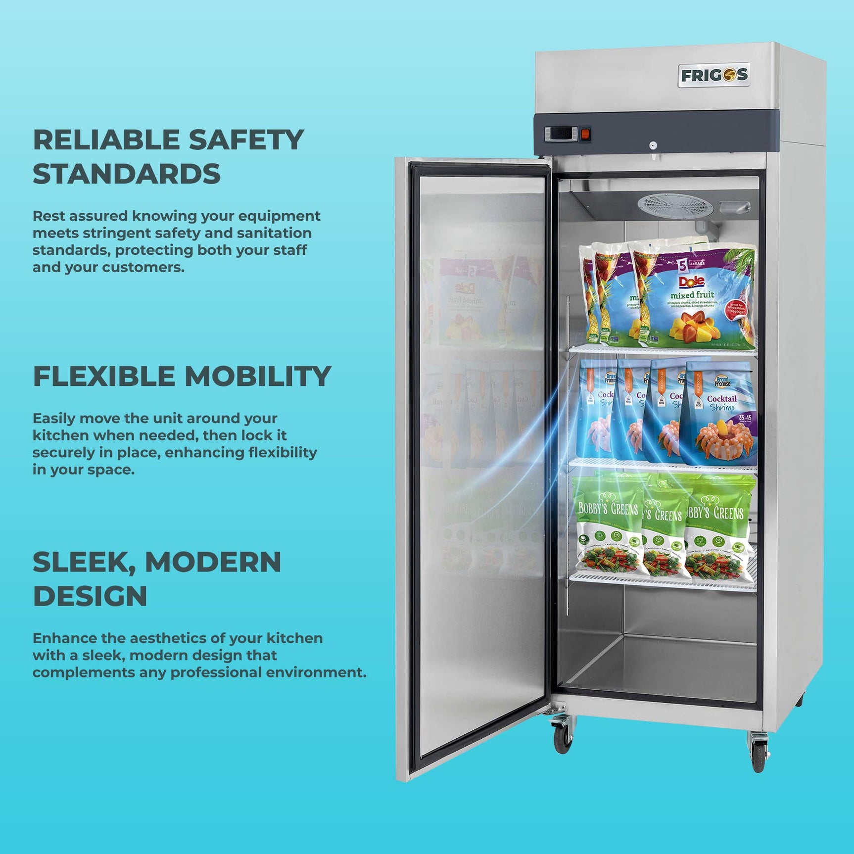 Commercial Reach in Freezer 2 Section Solid Door, 23 Cu Ft Frigos Premium FGP-FZ-1DLH Stainless Steel Interior and Exterior