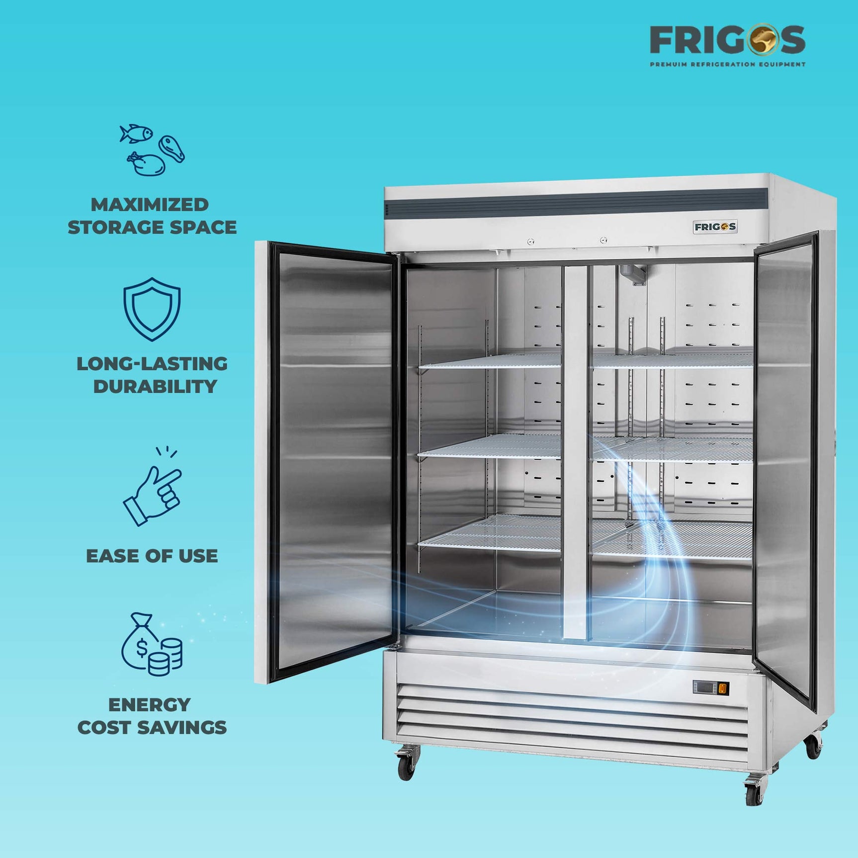 Commercial Reach in Freezer 2 Section Solid Door, 54” Width, Bottom Mount Compressor, 49 Cu Ft Frigos Premium FGP-FZ-2DBC