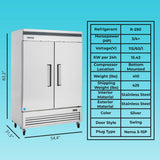 Commercial Reach in Freezer 2 Section Solid Door, 54” Width, Bottom Mount Compressor, 49 Cu Ft Frigos Premium FGP-FZ-2DBC