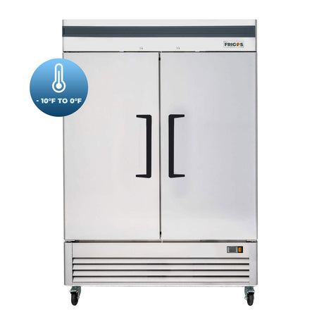 Commercial Reach in Freezer 2 Section Solid Door, 49 Cu Ft Frigos Premium FGP-FZ-2D Stainless Steel Interior and Exterior