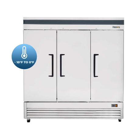 Commercial Reach in Freezer 3 Section Solid Door, 82" Width, 72 Cu Ft Frigos Premium FGP-FZ-3DBC Stainless Steel Interior and Exterior