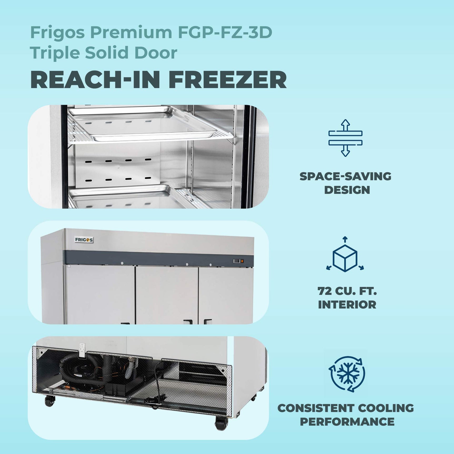 Commercial Reach in Freezer 3 Section Solid Door, 78" Width, 72 Cu Ft Frigos Premium FGP-FZ-3D Stainless Steel Interior and Exterior