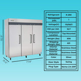 Commercial Reach in Freezer 3 Section Solid Door, 78" Width, 72 Cu Ft Frigos Premium FGP-FZ-3D Stainless Steel Interior and Exterior