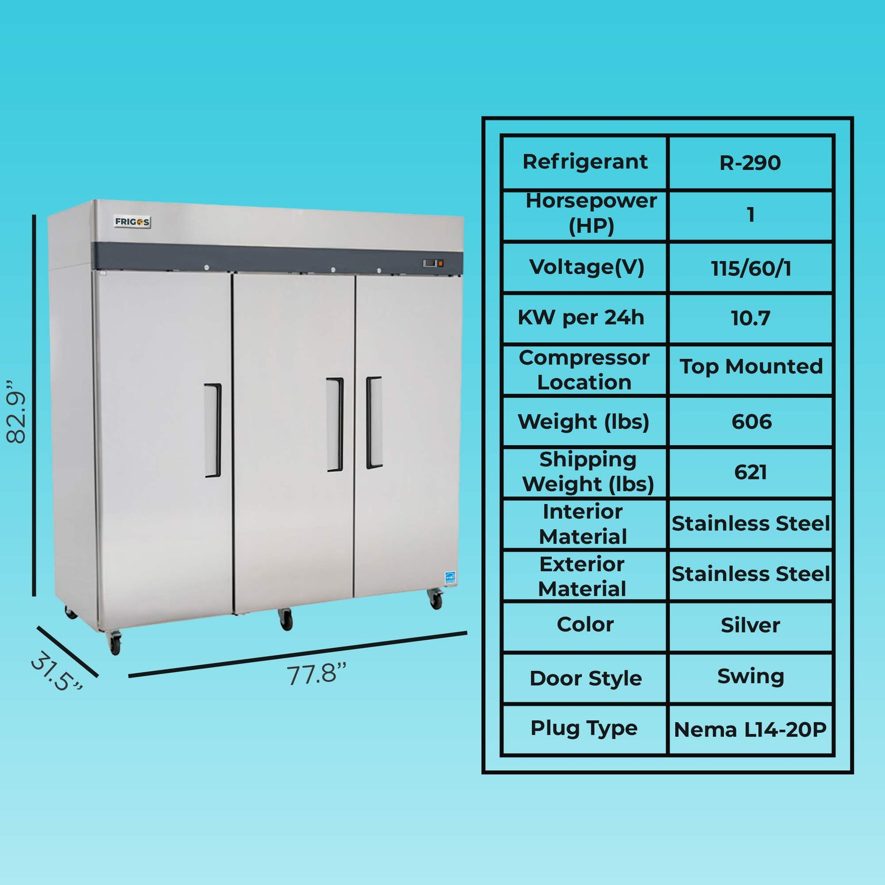 Commercial Reach in Freezer 3 Section Solid Door, 78" Width, 72 Cu Ft Frigos Premium FGP-FZ-3D Stainless Steel Interior and Exterior