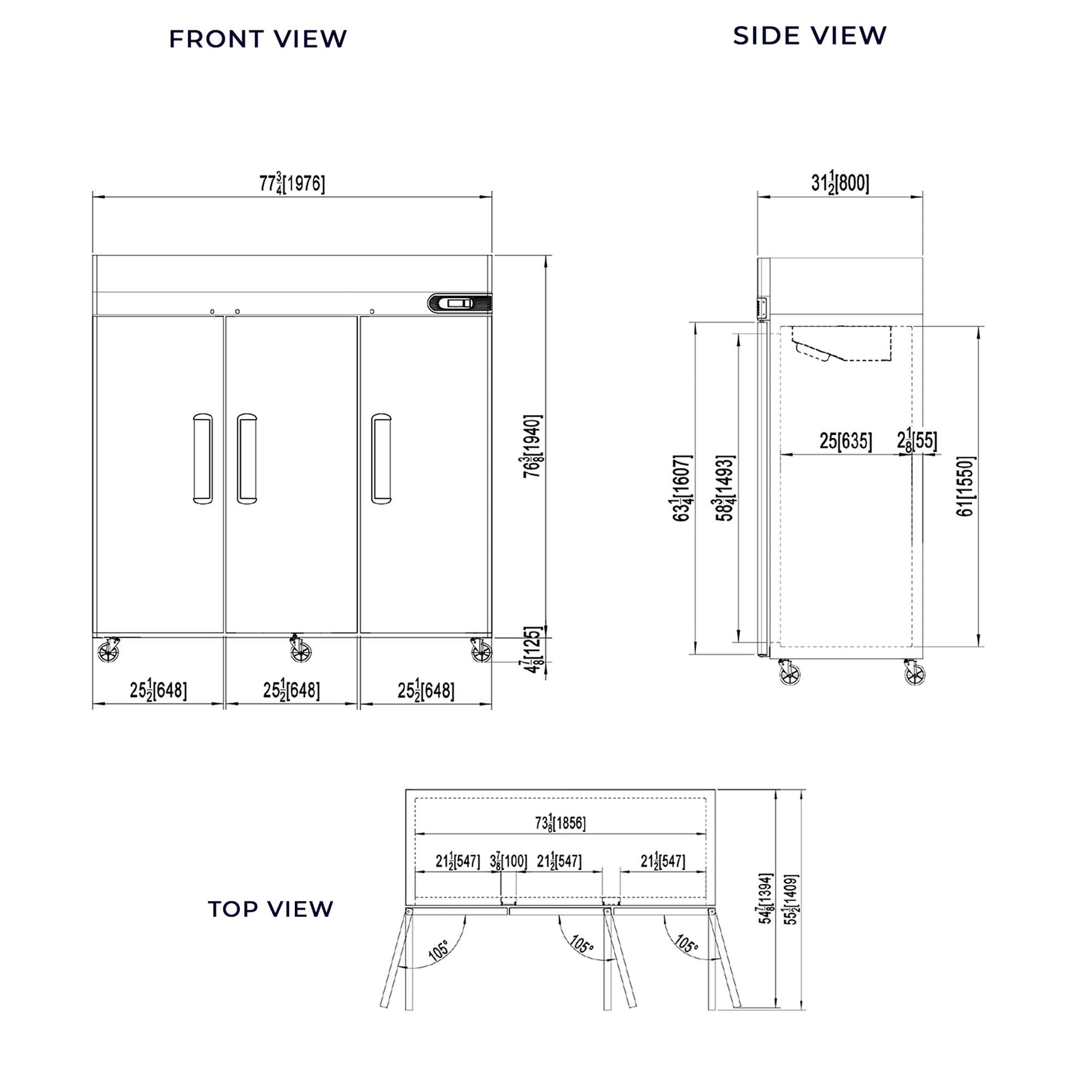 Commercial Reach in Freezer 3 Section Solid Door, 78" Width, 72 Cu Ft Frigos Premium FGP-FZ-3D Stainless Steel Interior and Exterior