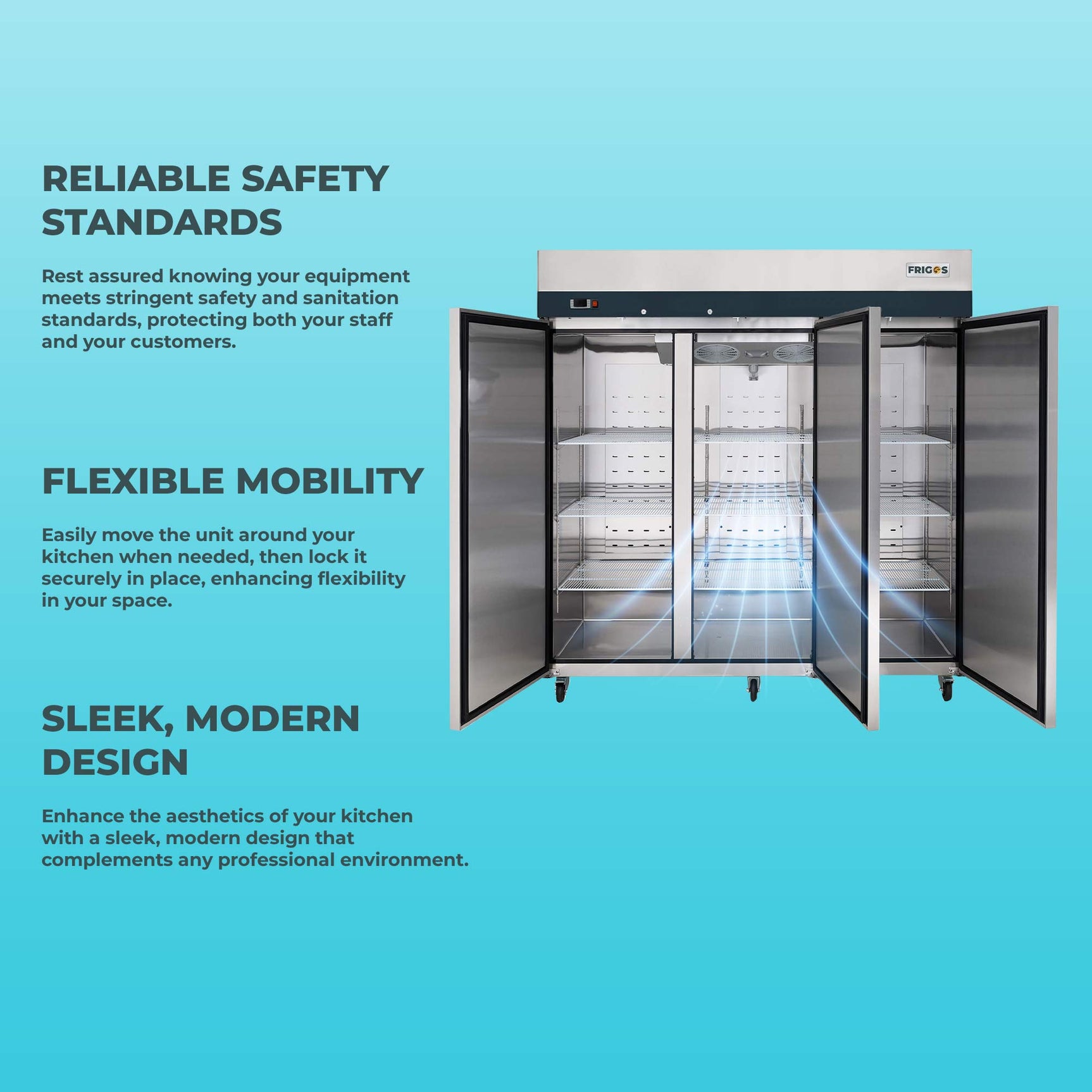 Commercial Reach in Freezer 3 Section Solid Door, 78" Width, 72 Cu Ft Frigos Premium FGP-FZ-3D Stainless Steel Interior and Exterior