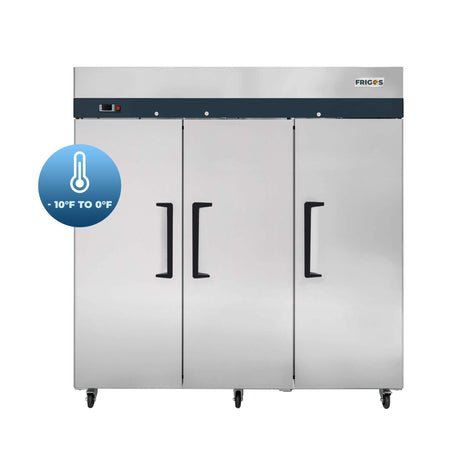 Commercial Reach in Freezer 3 Section Solid Door, 78" Width, 72 Cu Ft Frigos Premium FGP-FZ-3D Stainless Steel Interior and Exterior