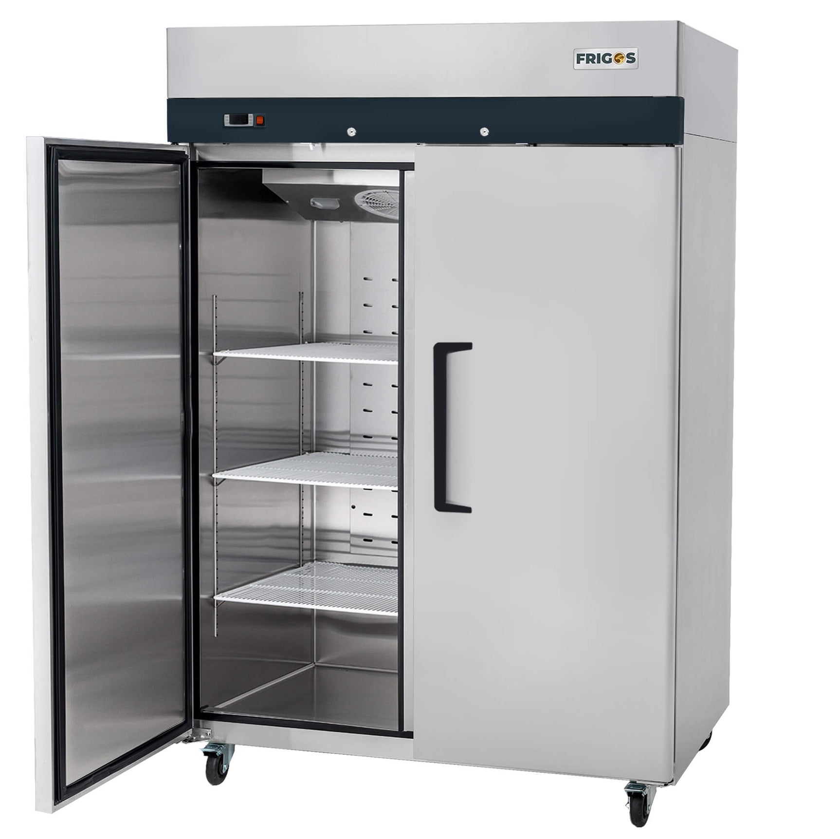 Commercial Reach in Refrigerator 2 Section Solid Door, 49 Cu Ft Frigos Premium FGP-RF-2D Stainless Steel Interior and Exterior