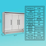 Commercial Reach in Refrigerator 3 Section Solid Door, 78" Width, 72 Cu Ft Frigos Premium FGP-RF-3DBC Stainless Steel Interior and Exterior