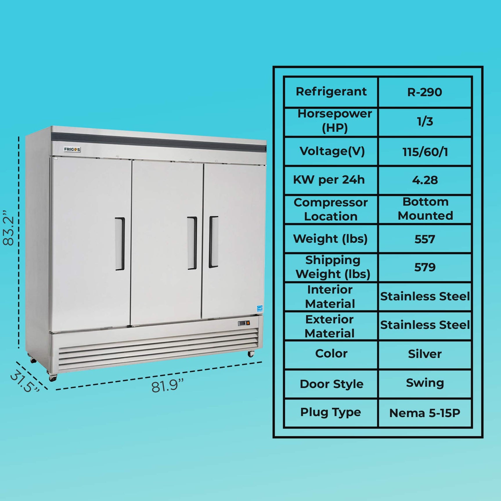 Commercial Reach in Refrigerator 3 Section Solid Door, 78" Width, 72 Cu Ft Frigos Premium FGP-RF-3DBC Stainless Steel Interior and Exterior