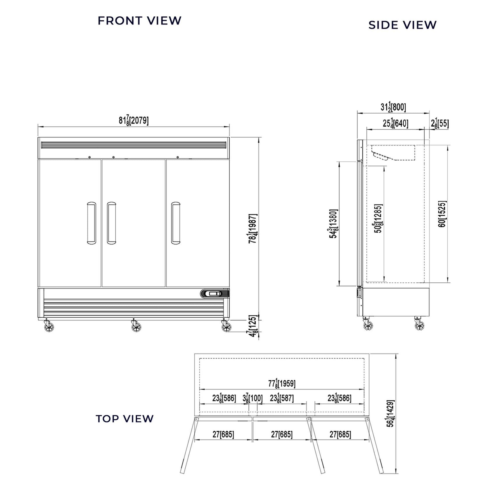 Commercial Reach in Refrigerator 3 Section Solid Door, 78" Width, 72 Cu Ft Frigos Premium FGP-RF-3DBC Stainless Steel Interior and Exterior
