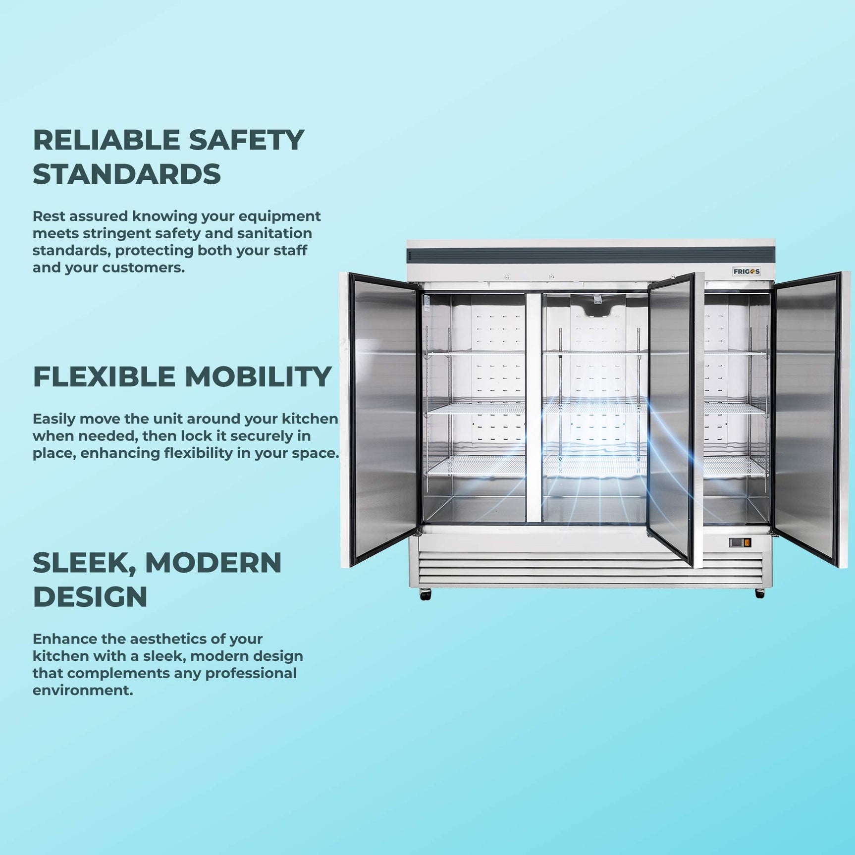 Commercial Reach in Refrigerator 3 Section Solid Door, 78" Width, 72 Cu Ft Frigos Premium FGP-RF-3DBC Stainless Steel Interior and Exterior